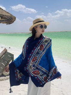 Ethnic Style Shawl Blue Seaside Beach Towel Thin Silk Scarf Size: 180CM * 90CM Lijiang, Seaside Beach, Tassels Fashion, Scarf Hat, Ethnic Style, Ethnic Fashion, Winter Sale, Scarf Styles, Skirt Pants