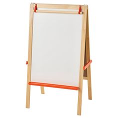 a wooden easel with an orange handle and white board attached to the back of it