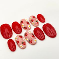 Add a burst of spring to your look with our Red Strawberry Floral Custom Spring Nails. These trendy, personalized press on nails, available in short and long styles, feature charming strawberry and floral designs. Easy to glue on, our Almond fake nails provide a seamless, salon-quality finish at home. Shop now to enhance your style with these delightful false nails!📦 What comes with your press on nail kit? 10 nails of your size 24 adhesive tabs 1 nail file 1 cuticle stick Instructions on how to apply and remove them. Finding Your Size:Check out our sizing chart or Visit our sizing tutorial here: Sizing DirectionsNot sure about the size? It’s better to go a bit bigger – you can always file them down for a snug fit.Remember, we can’t do cancellations for size issues, so measuring right is k Press On Nail Kit, Gel Acrylic Nails, Nails Cute, Red Strawberry, You're Awesome, Custom Hand Painted, Nail Sizes, Short Long, Nail Kit