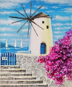 a painting of a windmill and flowers by the ocean