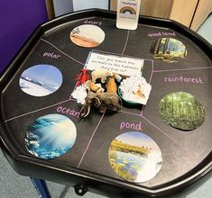 a black table topped with lots of different types of stickers and magnets on it