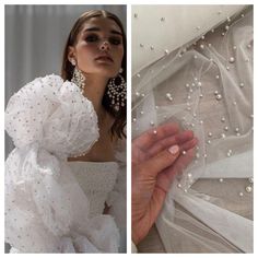 a woman in a white dress with pearls on her neck and hands holding the fabric