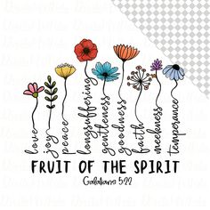 the fruit of the spirit coloring page with flowers and words in black, white, and red