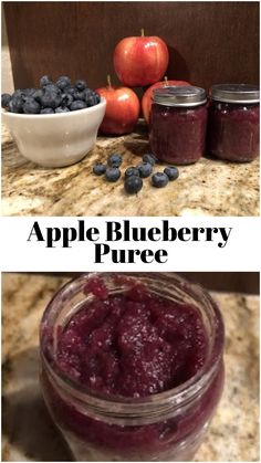 an image of apples and blueberries in jars with the words apple blueberry puree