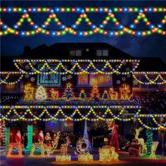 christmas lights decorate the front of a house in an area that looks like it has been decorated