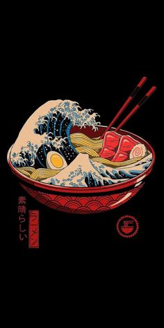 a bowl with chopsticks and an egg in it on top of a black background