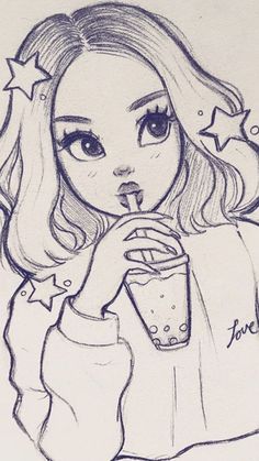 a drawing of a girl drinking from a cup with stars around her neck and nose