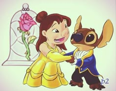 a drawing of a girl and a dog dressed as disney characters