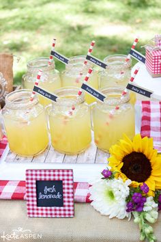 mason jars filled with lemonade are on a picnic table