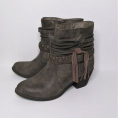 Jellypop Women Western Boots, Faux Leather Upper With Fringe And Braided Accents, Mute Stone- Size 7.5m (Brand New, Never Worn) Trendy Gray Leather Boots, Women Western Boots, Jellypop Shoes, Western Boots Women, Western Boots, Accent Colors, Brown And Grey, Bootie Boots, Leather Upper