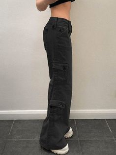 ⚡️Buy Buttoned Straight Leg Cargo Jeans Black S under $44.00 in Cargo Jeans Online. Style: Casual/Street/Y2K/Punk/Vintage/Hip Pop. Fabric Content: Cotton, Polyester, Spandex. Fit Type: Regular fit. : With multi cargo pockets patched design, shaped to a straight-leg fit, features multi belt loops with button closure, and zip button fastening at front.. ✓Free Shipping on all orders over US$69. Black Cargo Pants Y2k, Black Cargos, Woman Streetwear, Y2k Trousers, Straight Sweatpants, Jeans Online Store, Street Y2k, Street Jeans, Casual Cargo Pants