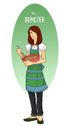 a woman in an apron is holding a bowl and a cell phone with the words demeter on it