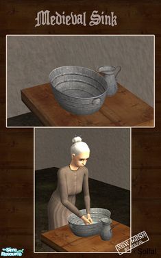 the medieval sink is being used as a bowl for water and other items to wash dishes