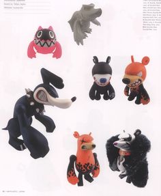 an article about stuffed animals in various styles and colors, including black, red, orange, white, and grey