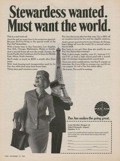 an old advertisement for stewards from the 1950's, featuring a woman in front of the eiffel tower