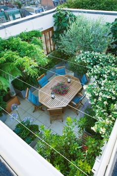 an overhead view of a patio with table and chairs surrounded by greenery