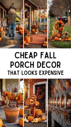 the front porch decorated for fall with pumpkins and gourds