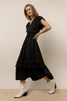 Willa Ruffle Dress in Black - böhme Black Flowy Maxi Dress With Flutter Sleeves, Flowy Black Maxi Dress With Flutter Sleeves, Black V-neck Ruffled Maxi Dress, Black V-neck Maxi Dress With Ruffles, Black Maxi Dress With Ruffles, Black Dress With Flowy Skirt And Short Sleeves, Elegant Black Dress With Short Sleeves And Flowy Skirt, Chic Black Dresses With Layered Hem, Black Flutter Sleeve Maxi Dress For Spring