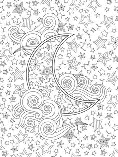 the moon and stars in the sky with swirls, clouds and stars coloring page