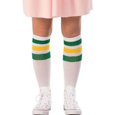 Help save your friends from the Demogorgon in these Adult Eleven Socks! These are white knee-high socks with green and yellow alternating stripes at the top. Pair these with a blonde wig pink dress some sneakers and optional box of waffles for a spot-on costume. Whether you're attending a sci-fi convention dressing up for Halloween or throwing a Stranger Things watch party & these socks are an essential for a true Eleven experience. Stranger Things Eleven Socks product details:  98% polyester 2% Stranger Things Elfie, Eleven Costume, Stranger Things Halloween Costume, The 80s Fashion, White Knee High Socks, Stranger Things Upside Down, Stranger Things Eleven, Stranger Things Costume, Stranger Things Halloween