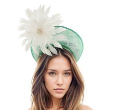 White Emerald Green Flower Fascinator Headpiece Royal Ascot Kentucky Derby Oaks Crown Halo Tiara Weddings Race Luncheon Tea Party Headband Hats By Cressida Kentucky Derby & Ascot Fascinator Hats Gorgeous white feather large flower on an emerald green sinamay halo crown This white and emerald green headpiece is mounted with a matching headband. If you prefer a headband to match your hair, please make a note at check out what colour headband you want. This green and white formal hat is ideal for any occasion like Kentucky Derby, Royal Ascot, Ladies Day,Wedding Guests, Mother of the Bride, Cocktails and Garden Parties We make each hat to order just for you, we would prefer if you did not order for choice. If colour match is important to you please ask for free fabric swatch to be sent to you Green Headband For Wedding At Royal Ascot, Green Headband For Royal Ascot Wedding, Green Wedding Headband For Royal Ascot, Flower Headpiece For Garden Party, Elegant Green Hair Accessories For Wedding, Flower Decoration Fascinator For Party, Summer Wedding Fascinator With Flower Decoration, Flower Decoration Fascinator For Weddings, Flower Shaped Mini Hats For Races