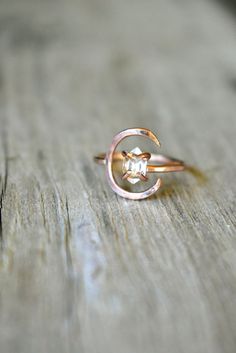 Beautiful and unique! #handmadejewelry #crescentmoon #uniquerings https://www.etsy.com/listing/727708949/crescent-moon-and-herkimer-diamond-ring Celestial Crystal Ring With Rose Cut Diamonds As Gift, Celestial Rose Gold Crystal Promise Ring, Celestial Rose Gold Round Crystal Ring, Celestial Rose Gold Crystal Ring, Fall Hygge, Pretty Trinkets, Clear Quartz Ring, Silversmithing Jewelry, Moissanite Engagement Ring White Gold