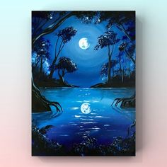 an acrylic painting of a lake with trees and the moon