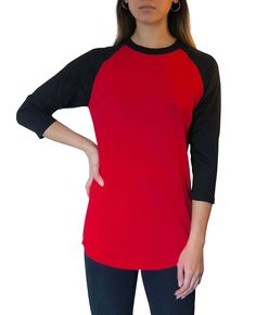 Classic fit 3/4 Sleeve Adult Raglan T-Shirt Color: Red Body with Black Sleeves Crew Neck baseball style, Unisex Material: 60% Cotton 40% Polyester Adult sizes Small - 4XL (See SIZE CHART for most accurate fit) Machine wash warm, tumble dry low Our Classic fit 3/4 Sleeve Adult Red Raglan Tee is perfect for day-outs, weekends, and beyond. This athletic-inspired tee comes in a red body and black sleeves with a crew neck and classic raglan silhouette. Comfortable and durable 100% cotton feel; high-q Black Sleeves, Raglan Tee, Shirt Color, Colorful Shirts, Open Shoulder Tops, Black And Red, Size Chart, Crew Neck, Baseball