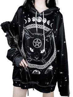 Gothic Cat Loose Steet Hoodie Moda Ulzzang, Punk Hoodie, Pakaian Hipster, Dyeing Fabric, Womens Sweatshirts Hoods, Hipster Outfits, Gothic Outfits, Goth Outfits, Clothes Shop