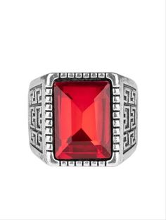 "Winning Attitude" Featuring a regal emerald style cut, a glittery red gem is pressed into a textured silver frame featuring a thick silver band embossed in bold tribal inspired textures. Features a stretchy band for a flexible fit which adjusts to most ring sizes. Sold as one individual ring. Paparazzi Accessories Jewelry, Urban Jewelry, Emerald Style, Nickel Free Jewelry, Red Jewelry, Paparazzi Accessories, Unisex Ring, Bling Rings, Paparazzi Jewelry