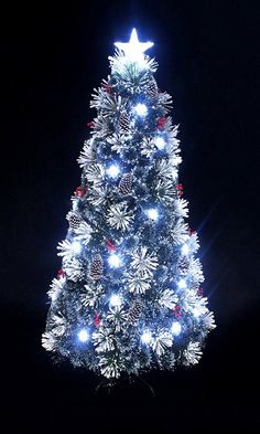 Enjoy the Holiday season amidst your family, friends and loved ones with this stunning Fiber Optic Christmas Tree that will enhance any seasonal decor with warmth and charm. Amaze your guests as the fiber optics create an awesome shimmering effect. It features green frosted needles, adorned with pine cones and berries, has an X-shaped metal base for support, and comes with a lovely bright star atop the tree. This artificial Christmas tree is for Indoor use only. Includes plug-in adapter (12V, 3. Large Pine Cones, White Christmas Tree Decorations, 6ft Christmas Tree, Flocked Christmas Tree, Fiber Optic Christmas Tree, Christmas Topper, Gift Drawing, Flocked Christmas Trees, Star Tree Topper