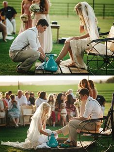 two pictures of people sitting on lawn chairs and one has a blue watering can