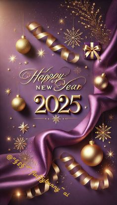 a purple and gold happy new year card with christmas decorations on the left hand side