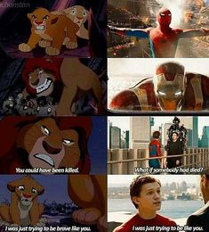 the lion king and his friends are talking to each other in front of an iron man