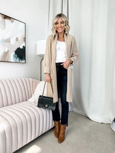 Long Beige Cardigan, Loverly Grey, Feminine Tomboy, Layering Cardigan, Cute Work Outfits, Casual Outfits For Work, Ribbed Sweater Dress, Winter Closet, Business Casual Outfits For Work