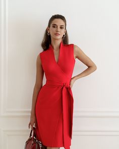 Sleeveless Wrap dress Tie detail Front slit Mini length Dress length: 96 cm/ 37.79 in Pink And Red Dress, Commercial Shoot, Dress Websites, Sleeveless Wrap Dress, Red Dress Women, Wear Store, Classy Work Outfits, Puff Sleeve Dresses, Red Mini Dress