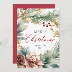 a merry christmas card with pine cones and greenery on the front, in red