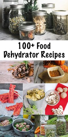 many jars filled with food and vegetables on top of a wooden table in front of the words, 100 + food dehydraator recipes