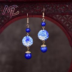 Blue Natural Jade Flower Earrings Real Jewelry 18K Gold Plated Luxury Stone Lapis Lazuli Carved Luxury Blue Lapis Lazuli Earrings, Blue Dahlia Flower, Bridal Jewellry, Jade Flower, Asian Vintage, Chinese Accessories, Blue Dahlia, Chinese Hair Accessories, Indie Jewelry