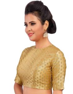 Golden Brocade Blouse In Boat Neck And Back Keyhole, Elbow Sleeves Blouse, Front Open Dry clean only New blouse Golden Blouse Design, Golden Blouse, Brocade Saree, Brocade Blouse, Readymade Saree, High Neck Blouse, Backless Blouse, Gold Blouse