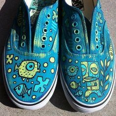 Retro tiki customs / via Tiki Tony White Vans Painted Shoes Ideas, Western Painted Vans, Vans Painted Shoes Ideas, Vans Custom Sneakers For Skateboarding, Vans Custom Mid-top Sneakers For Skateboarding, Toy Story Vans Painted Shoes, Trippy Floral Vans, Vans Painted