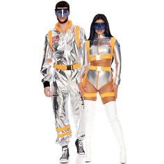 two people dressed in silver and orange outfits standing next to each other on a white background