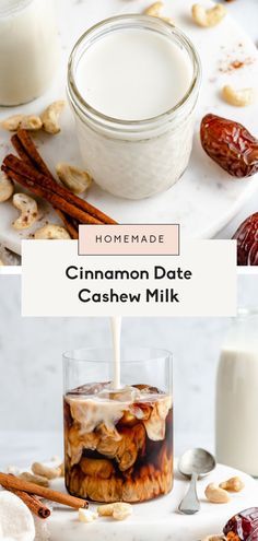 homemade cinnamon date cashew milk being poured into a glass with almonds on the side