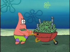 spongebob pushing a wheelbarrow full of money