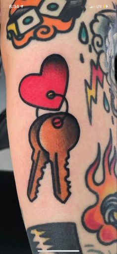 a person with a tattoo on their arm holding a heart and key to his chest