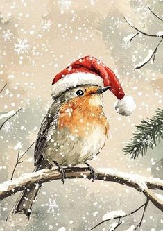 a bird sitting on top of a tree branch wearing a santa hat with snow falling around it