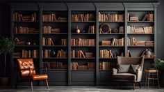 a living room filled with lots of bookshelves covered in brown and black furniture