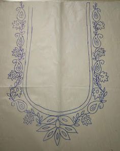 an embroidered piece of cloth with flowers and leaves on the edges, in blue ink