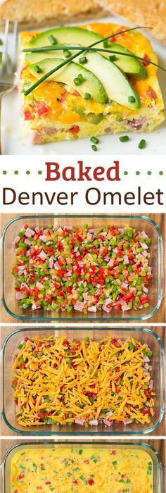 baked denver omelet with vegetables and cheese in glass casserole pans