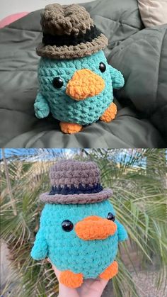 crocheted stuffed birds are wearing hats and holding hands in front of the camera